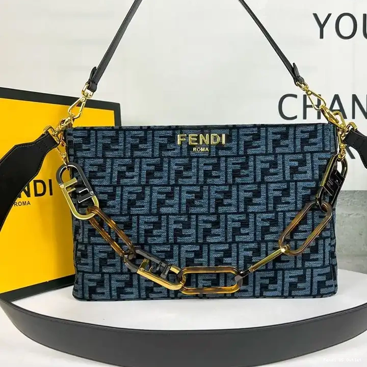 Vintage HOT In Zip Fendi FF Blue Tapestry Shoulder O'Lock Bag Fabric 0609